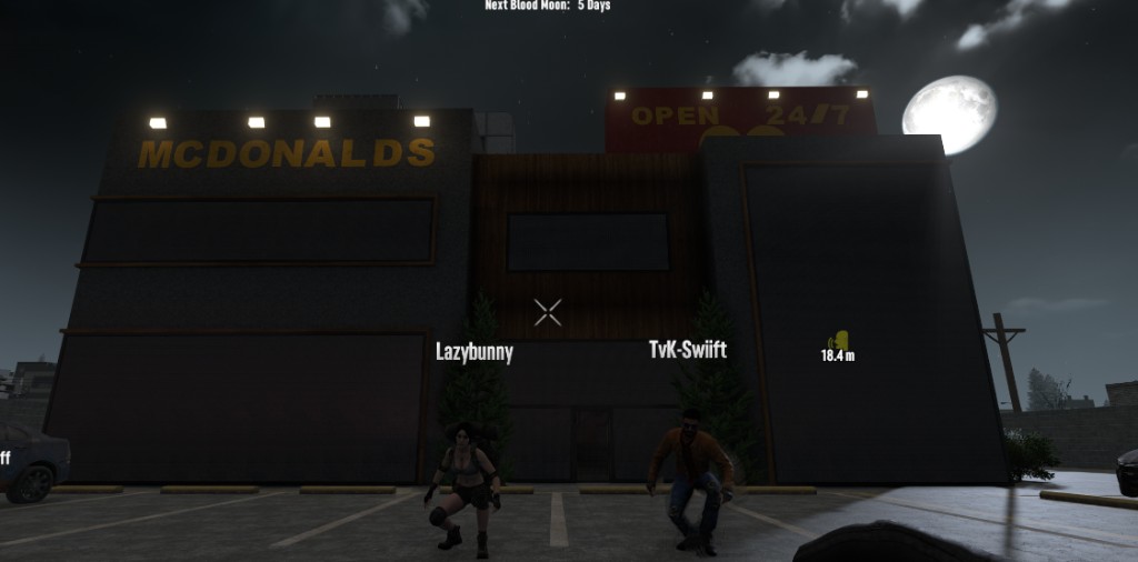 Lazybunny and TvK-Swiift at a McDonald's-style build on Down Under Undead, 7 Days to Die